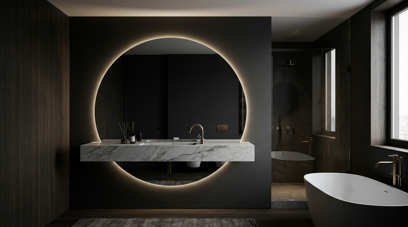 Ambiente de banho luxuoso com espelho iluminado